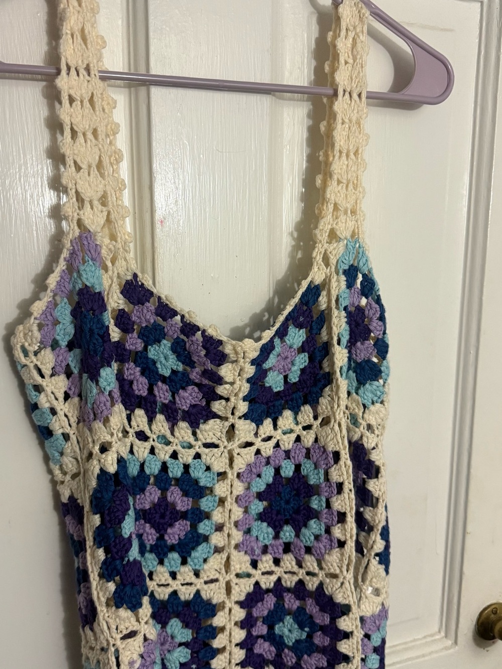Bloomingdale’s -FORE- Crochet  Square Tank in Cream with Blue & Purple Accents